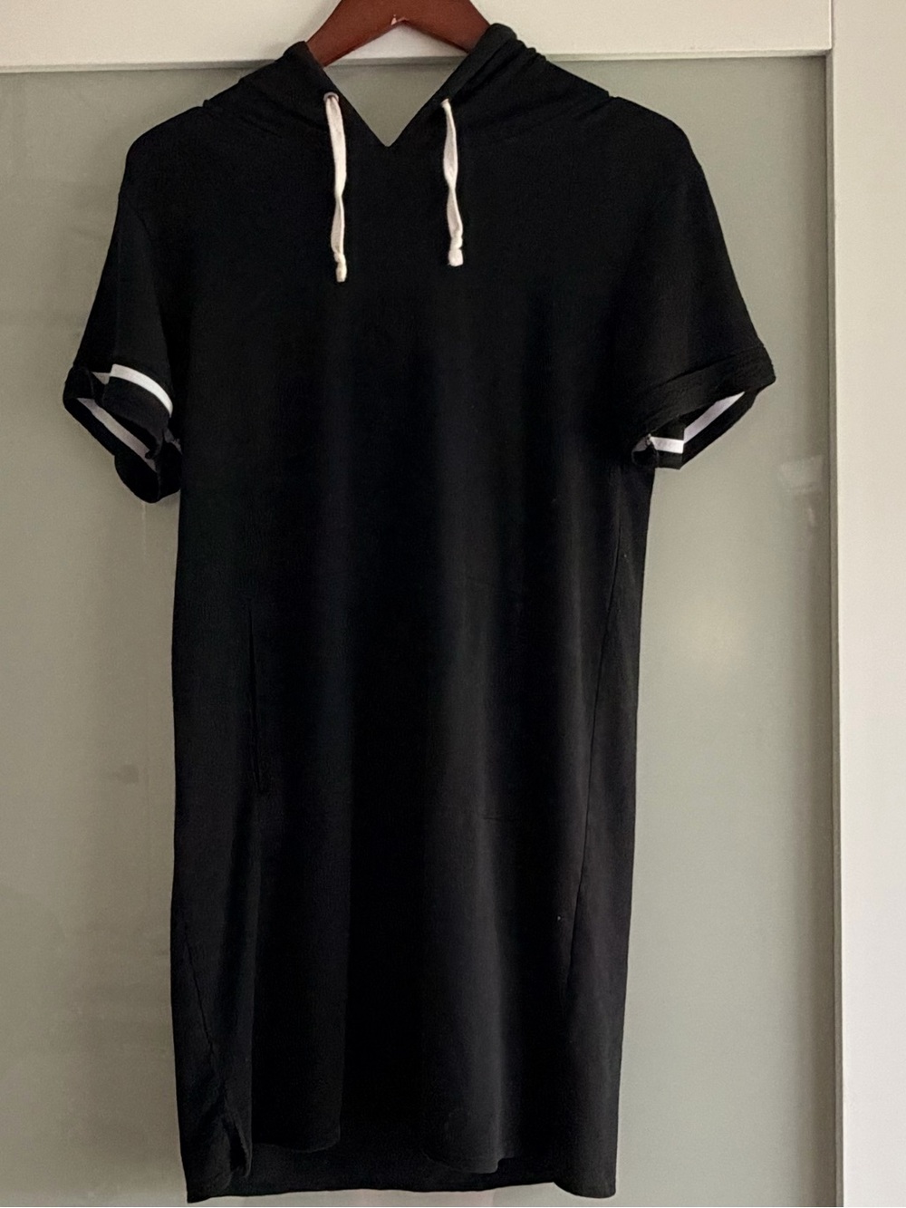 Black Hooded Short-Sleeve Shirt Dress